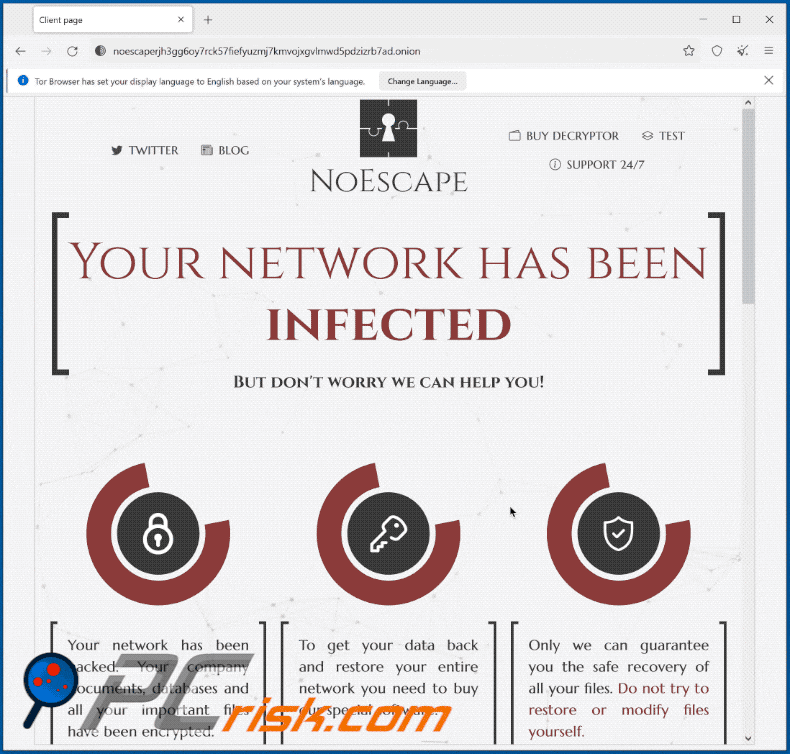 Wygląd strony Tor ransomware NoEscape (GIF)