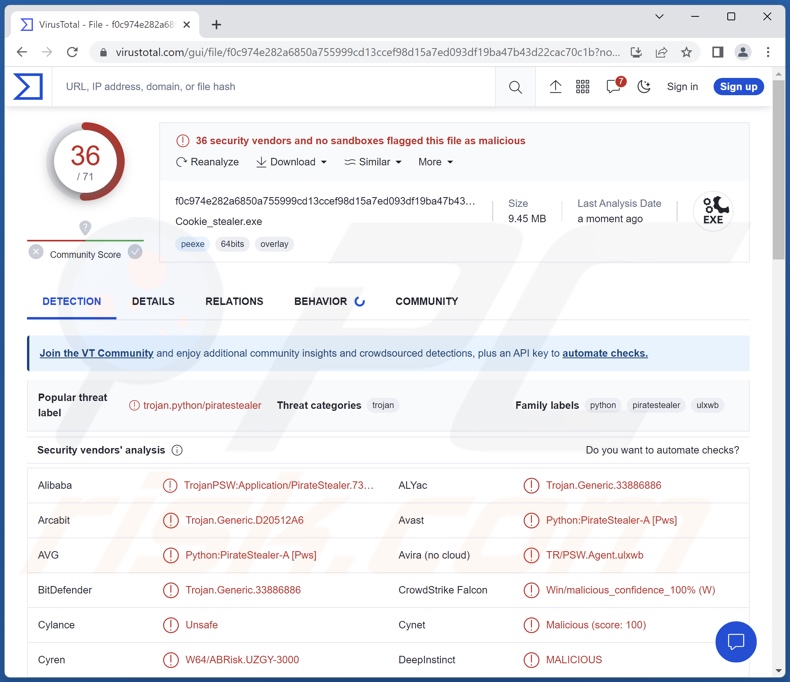 Wykrycia malware PirateStealer na VirusTotal
