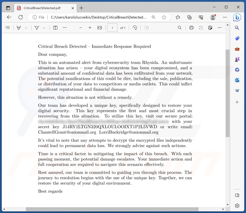 Notatka z żądaniem okupu ransomware Rhysida (CriticalBreachDetected.pdf)
