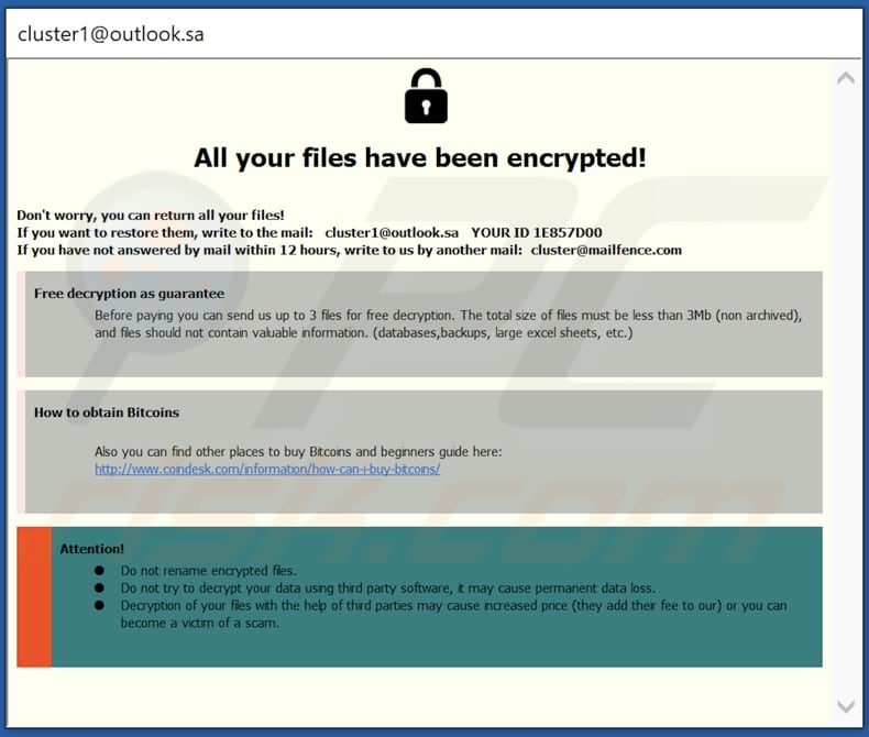 Notatka z żądaniem okupu ransomware Thx