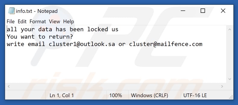 Plik tekstowy ransomware Thx (info.txt)