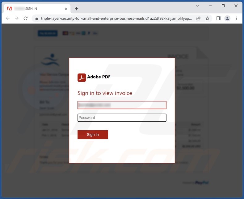 Strona phishingowa promowana przez oszustwo e-mailowe Adobe Sign
