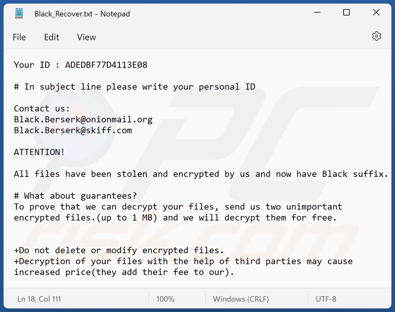 Notatka z żądaniem okupu ransomware Black Berserk (Black_Recover.txt)