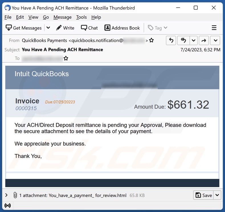 E-mailowa kampania spamowa Intuit QuickBooks Invoice