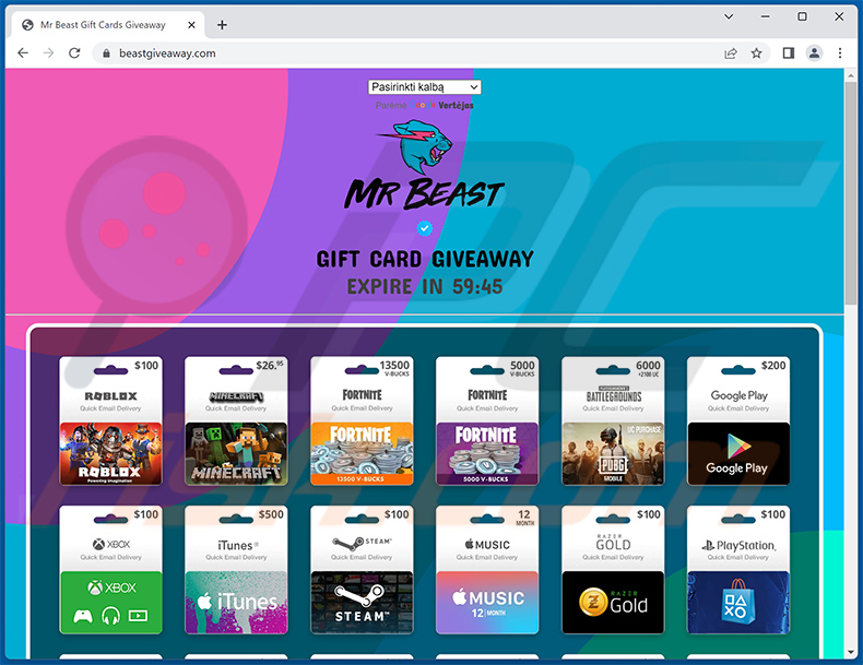 Kolejna witryna promująca oszustwo Mr Beast GIFT CARDS GIVEAWAY