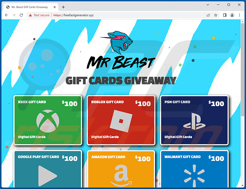 Oszustwo Mr Beast GIFT CARDS GIVEAWAY