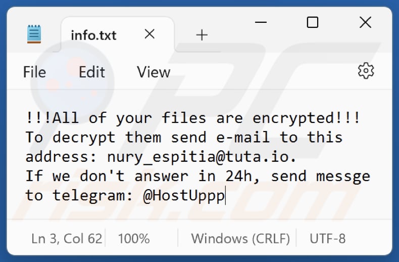 Notatka z żądaniem okupu ransomware NURRI (info.txt)