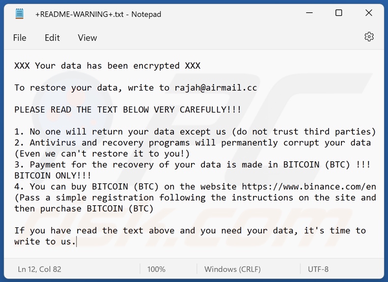Notatka z żądaniem okupu ransomware Rajah (+README-WARNING+.txt)