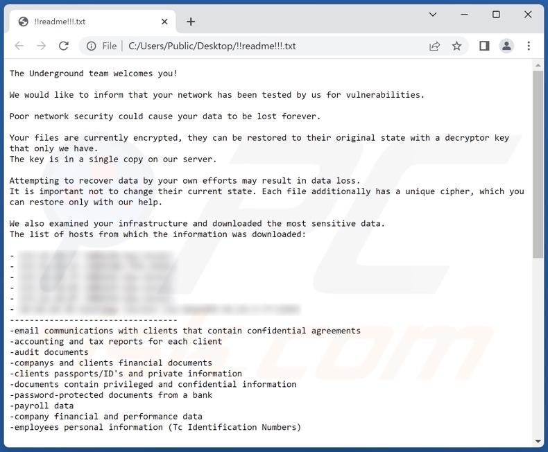 Notatka z żądaniem okupu ransomware Underground Team (!!readme!!!.txt)