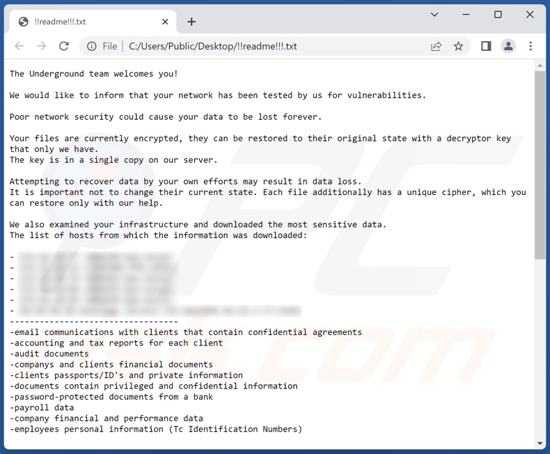 Notatka z żądaniem okupu ransomware Underground Team (!!readme!!!.txt)