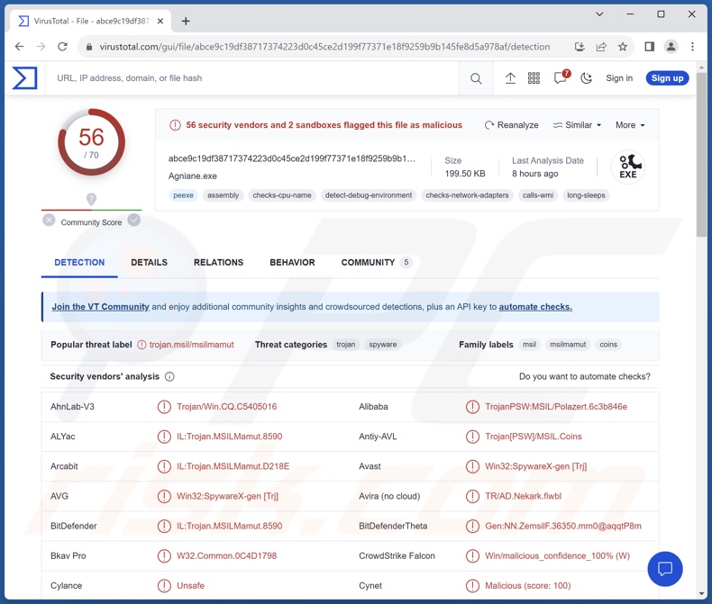 Wykrycia malware Agniane na VirusTotal