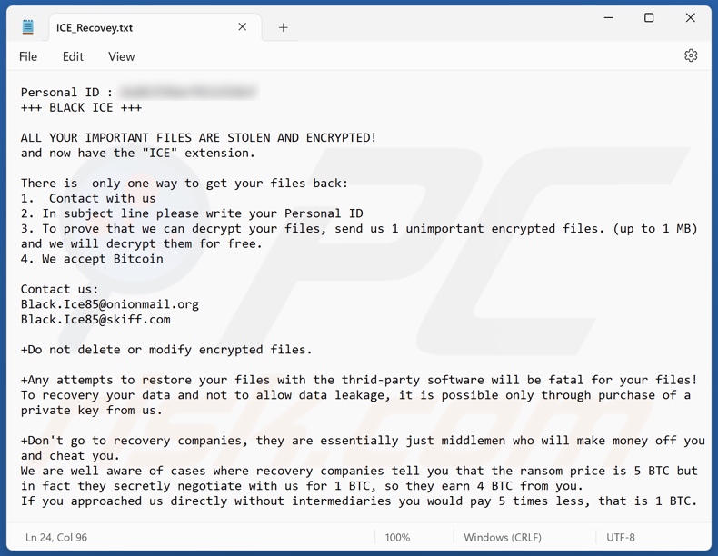 Notatka z żadaniem okupu ransomware BLACK ICE (ICE_Recovey.txt)