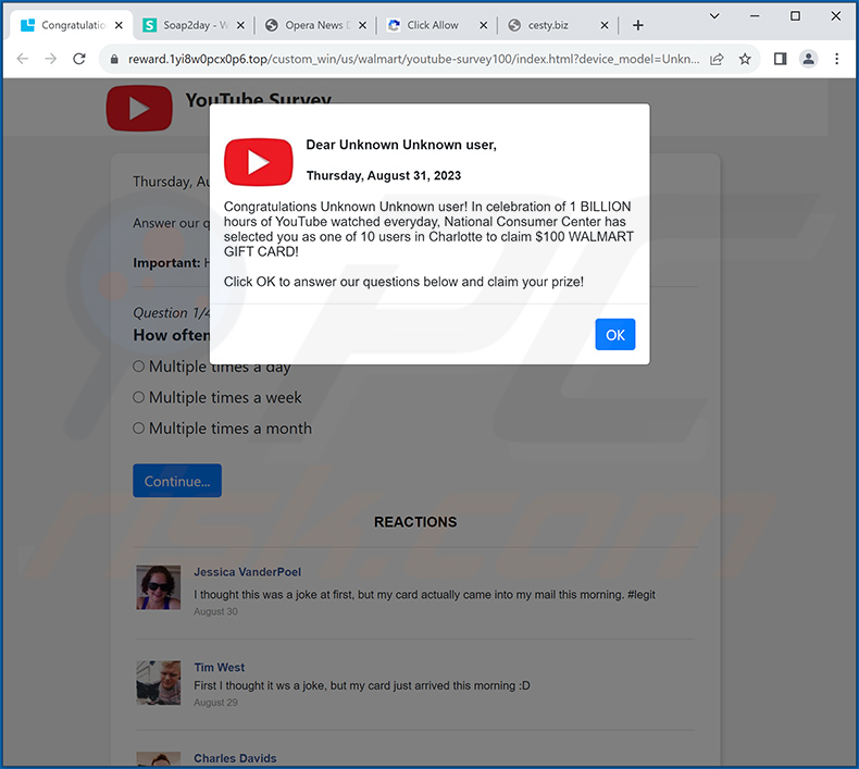 Oszustwo pop-up Dear YouTube user, Congratulations! (2023-08-31)