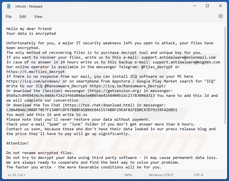 Plik telkstowy ransomware (info.txt) G-STARS (Phobos) 