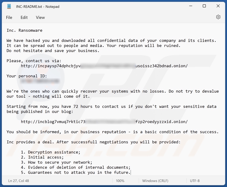 Notatka z żądaniem okupu ransomware INC (INC-README.txt)