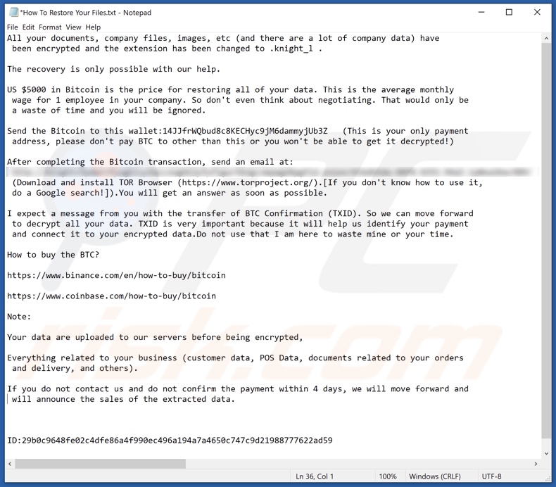 Notatka z żądaniem okupu ransomware Knight (How To Restore Your Files.txt)