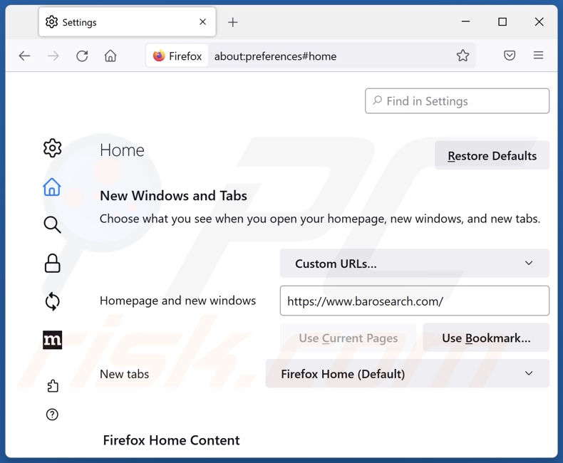 Usuwanie barosearch.com ze strony domowej Mozilla Firefox