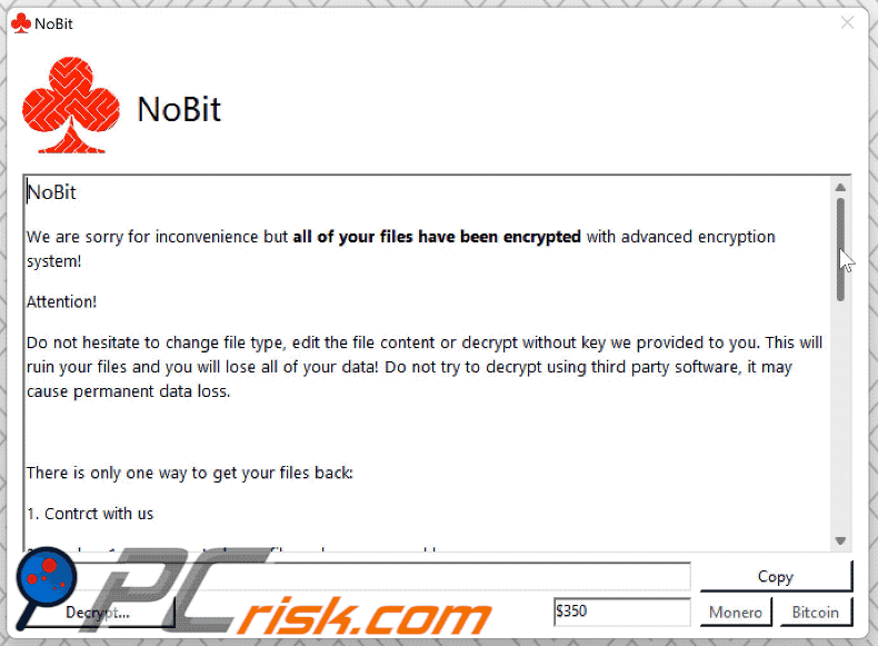 Notatka z żądaniem okupu ransomware NoBit (pop-up) GIF