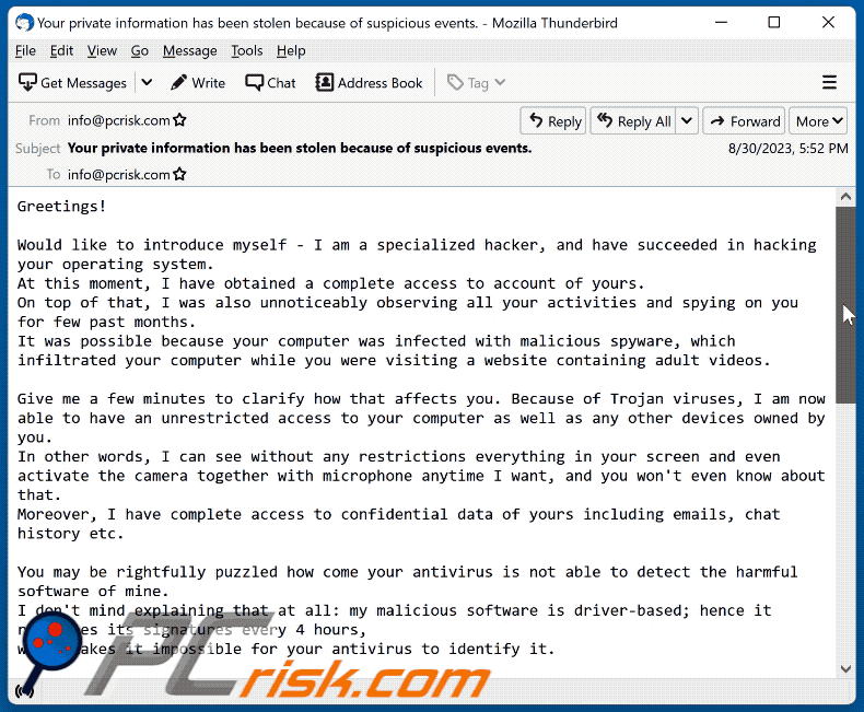 Wygląd oszustwa e-mailowego Specialized Hacker Succeeded In Hacking Your Operating System (GIF)