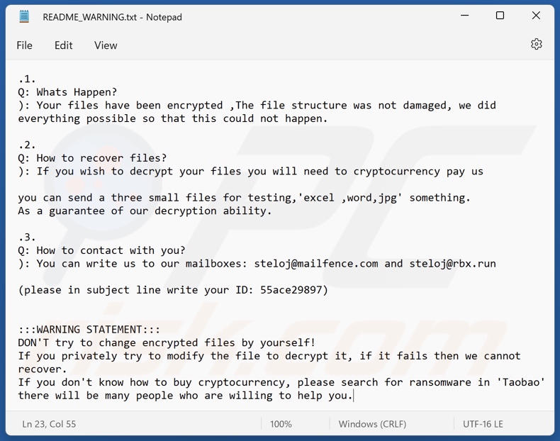 Notatka z żądaniem okupu ransomware Steloj (README_WARNING.txt)