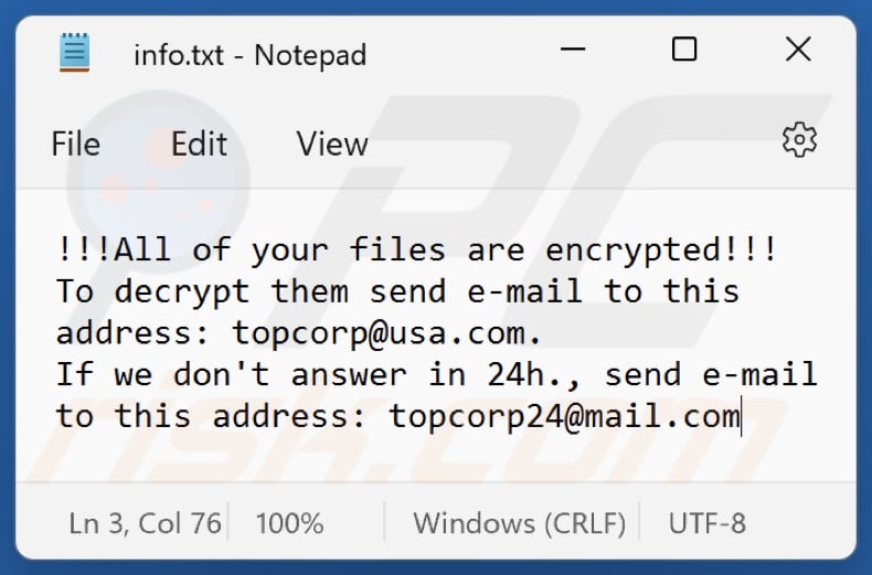 Plik tekstowy ransomware Top (info.txt)