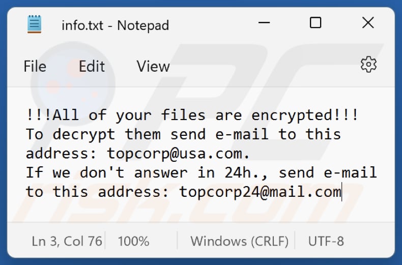 Plik tekstowy ransomware Top (info.txt)