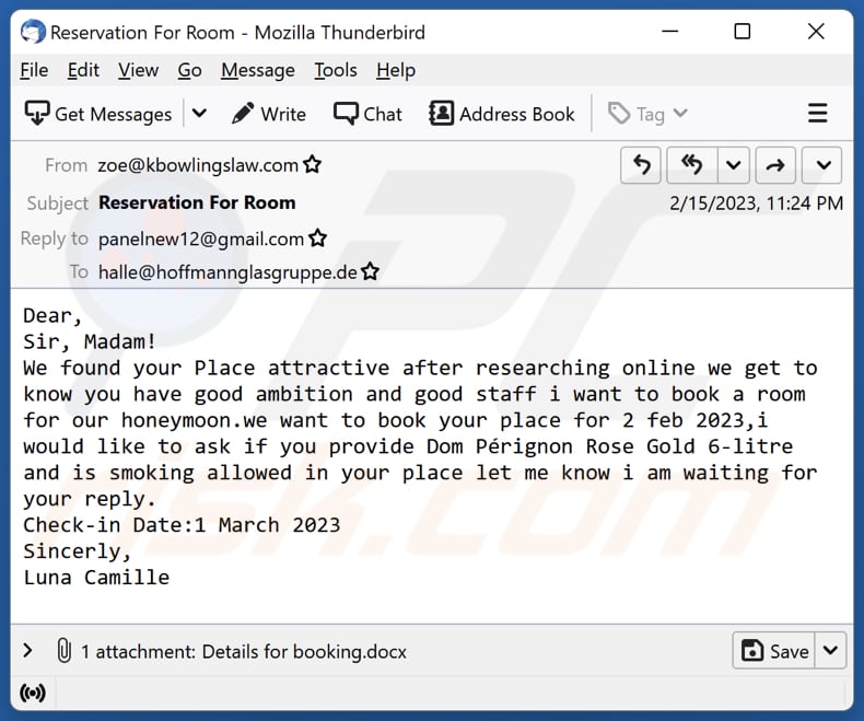 E-mail rozpowszechniający XWorm z dołączonym złośliwym plikiem (Details for booking.doc)