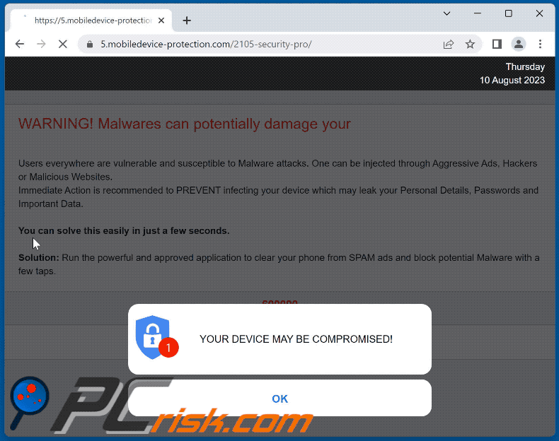 Wygląd oszustwa YOUR DEVICE MAY BE COMPROMISED (GIF)