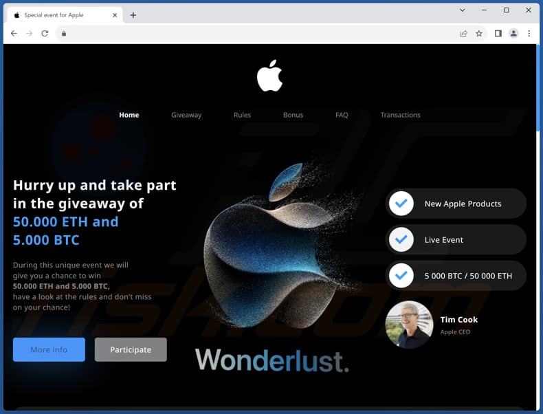 Drugi wariant oszustwa POP-UP Apple Crypto Giveaway