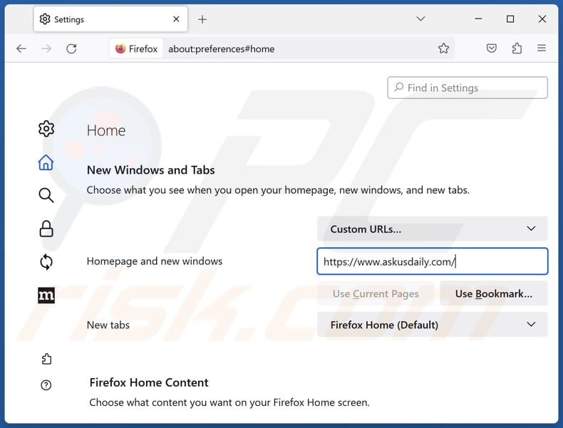 Usuwanie askusdaily.com ze strony domowej Mozilla Firefox