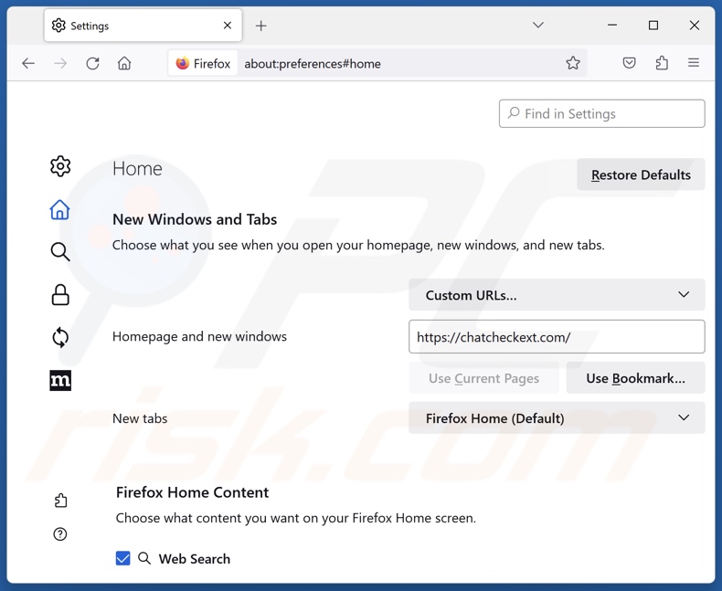 Usuwanie chatcheckext.com ze strony domowej Mozilla Firefox
