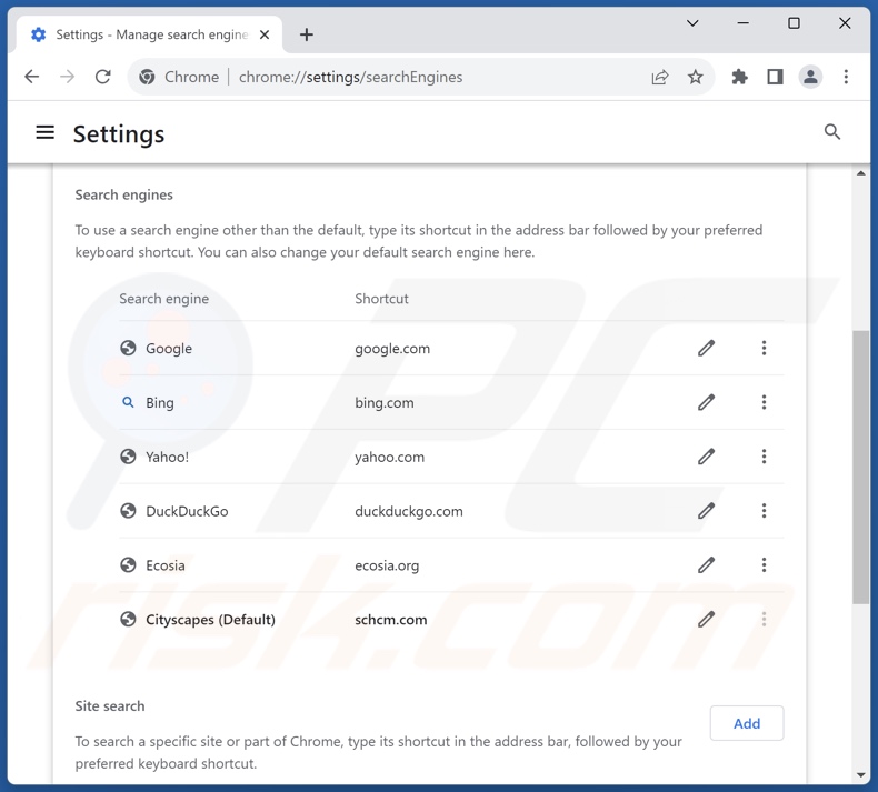 Usuwanie schcm.com z domyślnej wyszukiwarki Google Chrome