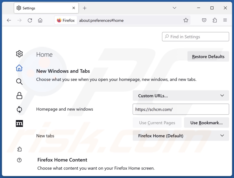 Usuwanie schcm.com ze strony domowej Mozilla Firefox