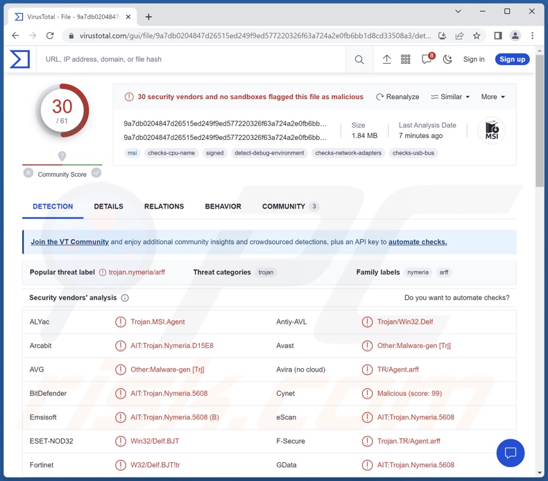 Wykrycia malware DarkGate na VirusTotal