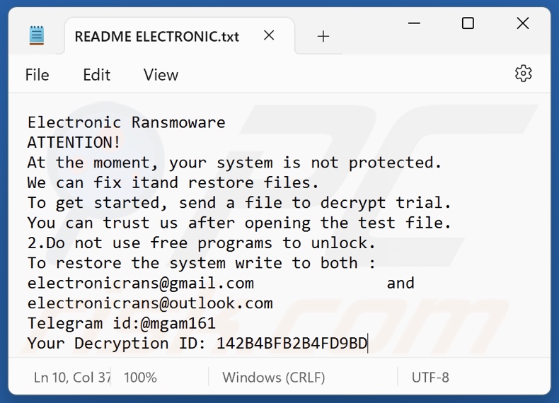 Notatka z żądaniem okupu ransomware Electronic (README ELECTRONIC.txt)