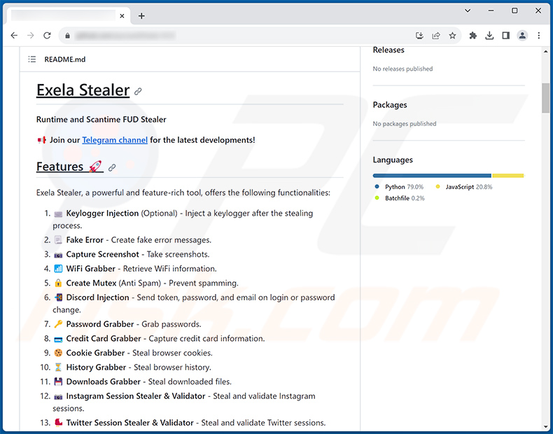 Exela stealer promoted on the Internet