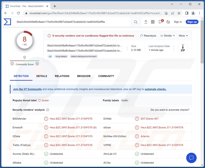 Wykrycia malware Fewer na VirusTotal