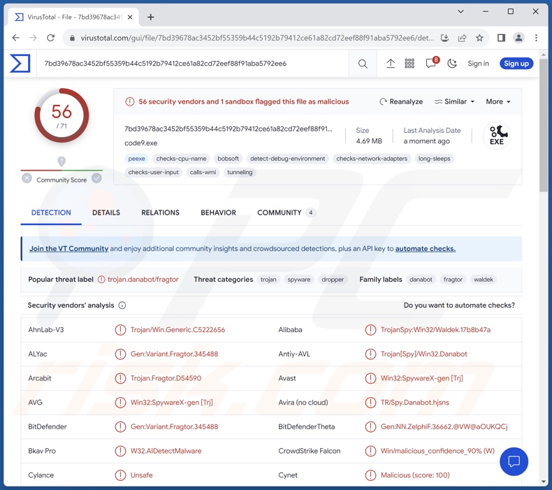 Wykrycia malware HijackLoader na VirusTotal