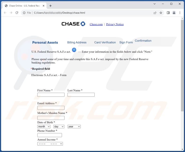 Formularz phishingowy e-maila JPMorgan Chase Online Security Department