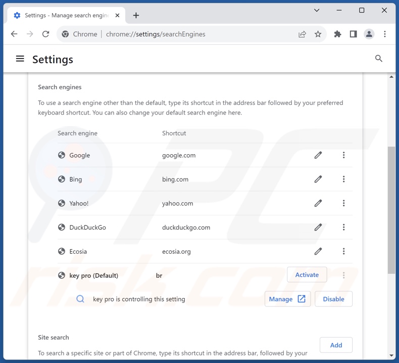 Usuwanie keysearchs.com z domyślnej wyszukiwarki Google Chrome