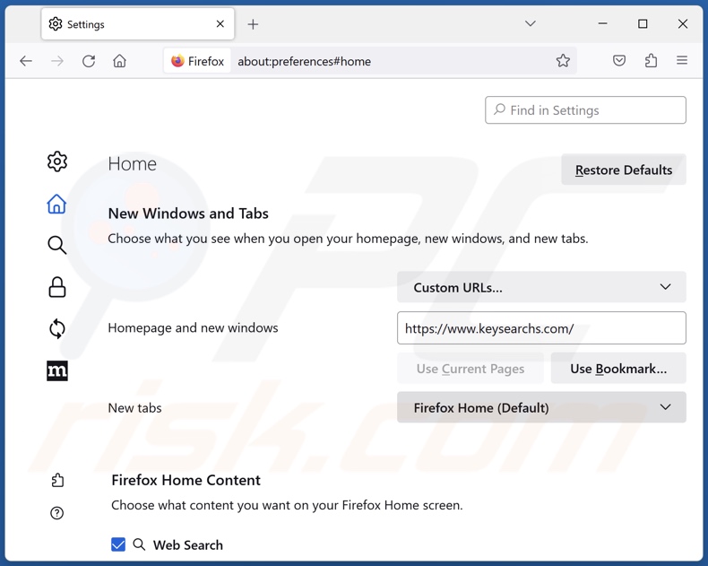 Usuwanie keysearchs.com ze strony domowej Mozilla Firefox