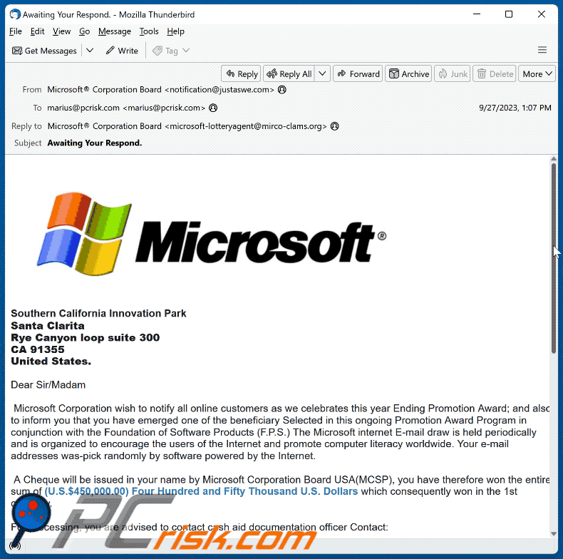 Wygląd oszustwa e-mailowego Microsoft Ending Promotion Award
