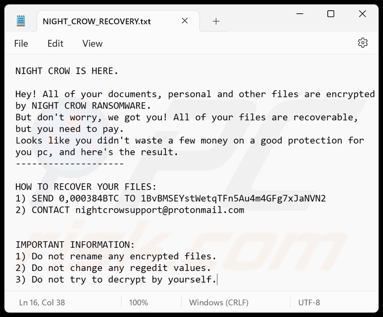 Notatka z żądaniem okupu ransomware NIGHT CROW (NIGHT_CROW_RECOVERY.txt)