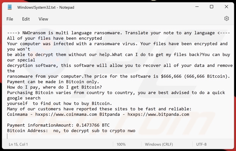 Notatka z żądaniem okupu ramnsomware NWOransom (Windows!System32.txt)