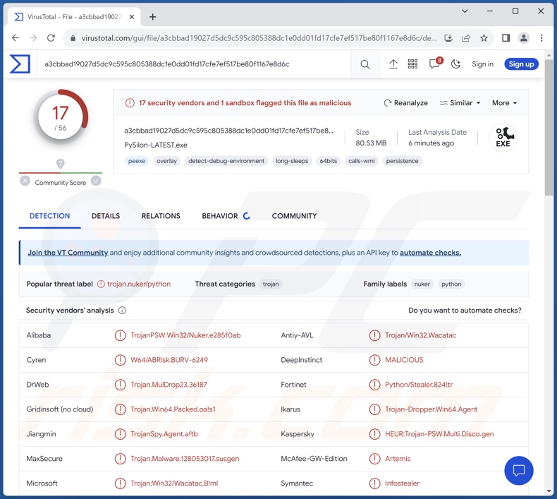 Wykrycia malware PySilon na VirusTotal