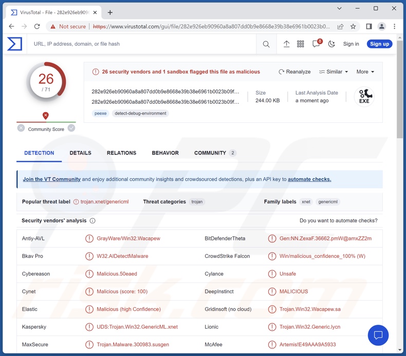 Wykrycia malware SuperBear na VirusTotal