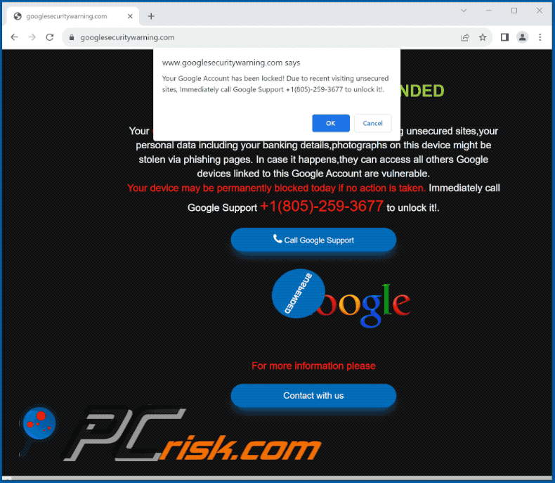 Wygląd oszustwa Your Google Account Has Been Locked! (GIF)