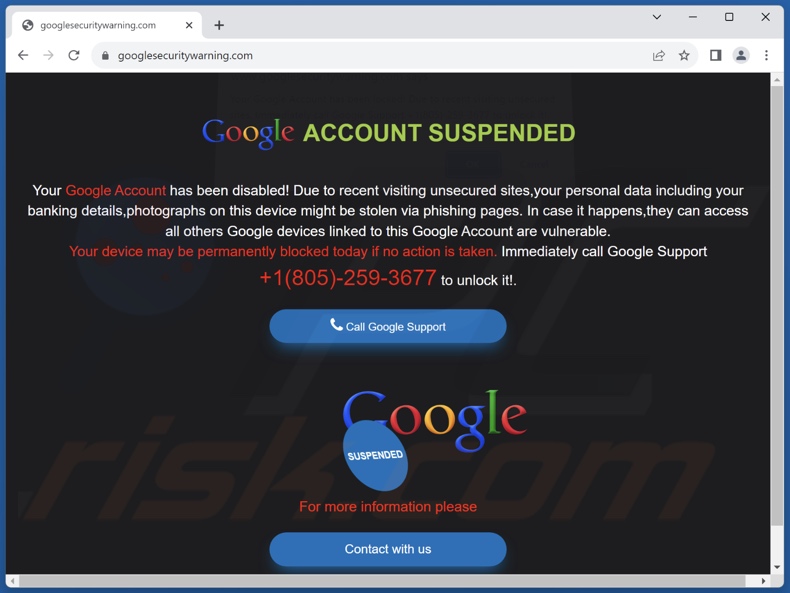 Strona w tle oszustwa Your Google Account Has Been Locked!