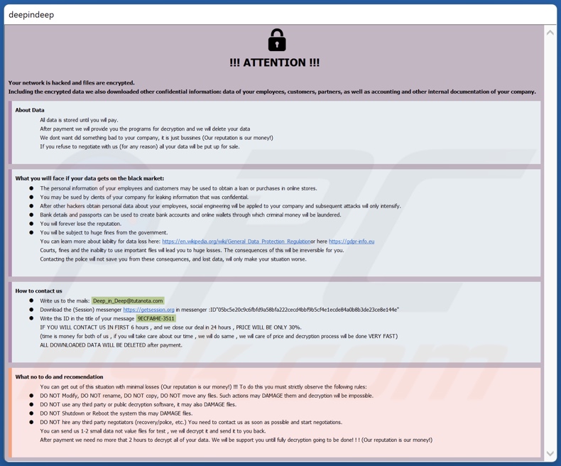 Notatka z żądaniem okupu ransomware DeepInDeep (info.hta)