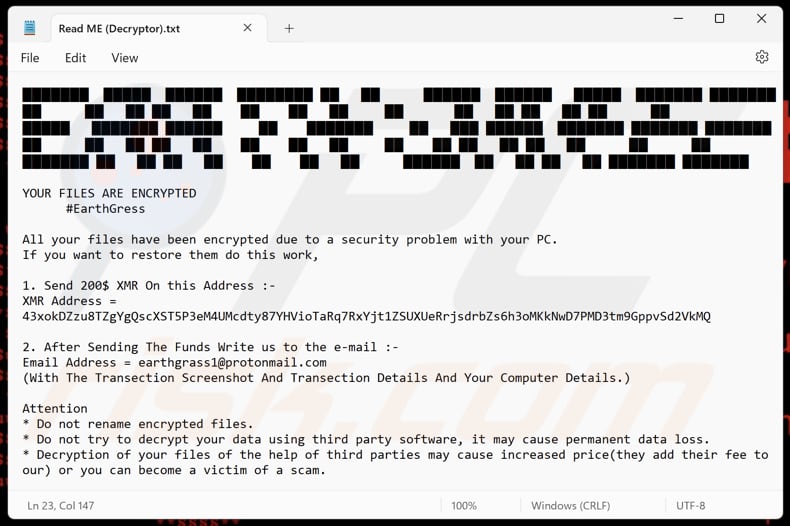 Plik tekstowy ransomware EARTH GRASS (Read ME (Decryptor).txt)